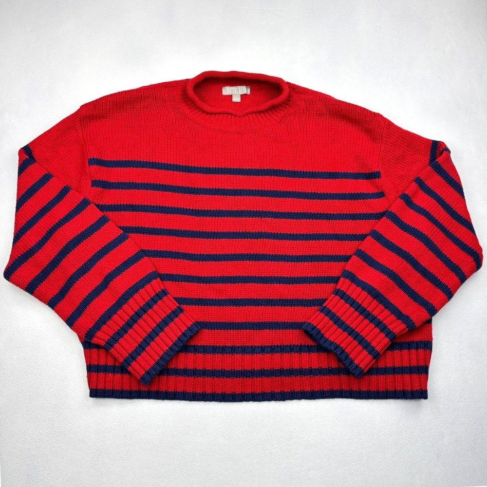 JCrew Sweater Womens Large Red Navy Striped Chunky Cotton Boxy Cropped Rollneck